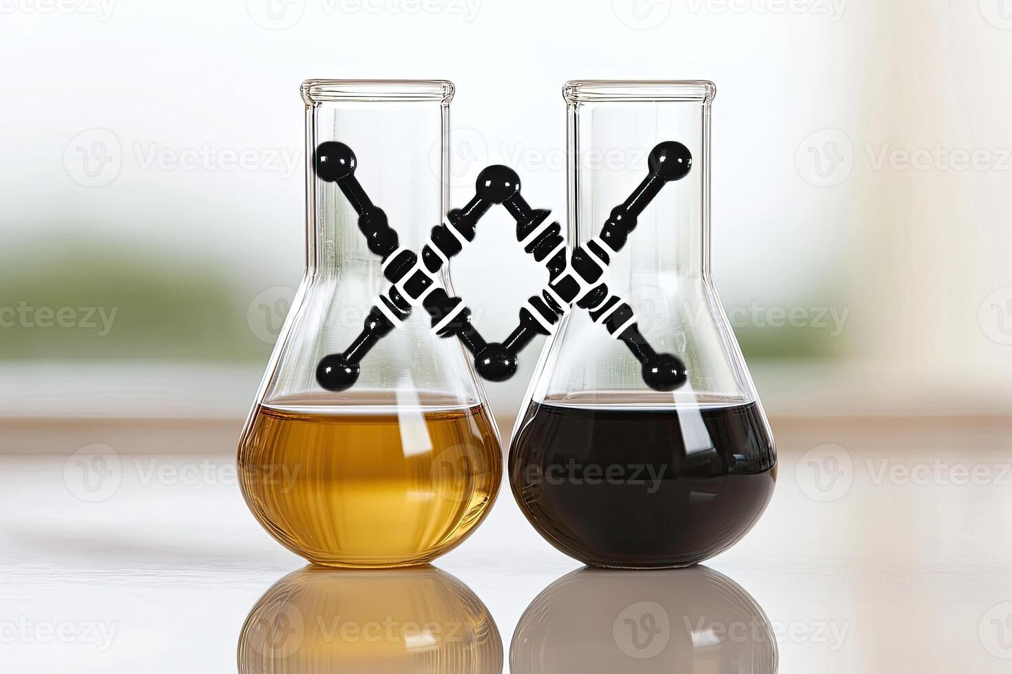 Two beakers containing different liquids, likely petroleum products, with molecular structures depicted photo