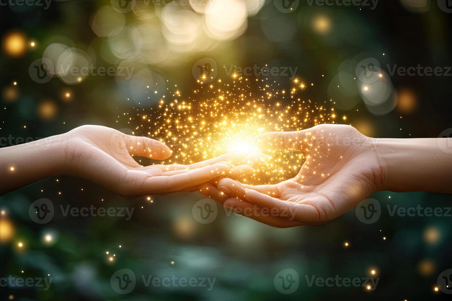 Two hands exchanging golden light in a mystical forest setting photo