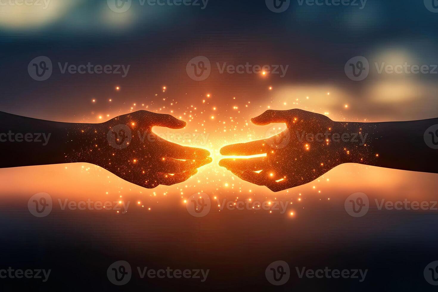 Two hands meeting in a warm, glowing embrace, bathed in ethereal light photo