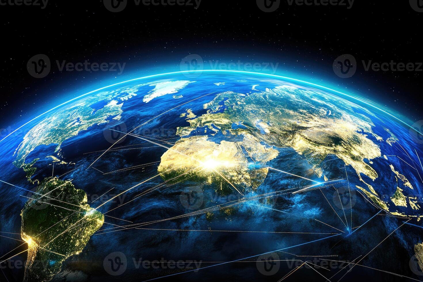 Global network connecting continents. Detailed view of the Earth, highlighting international connections photo