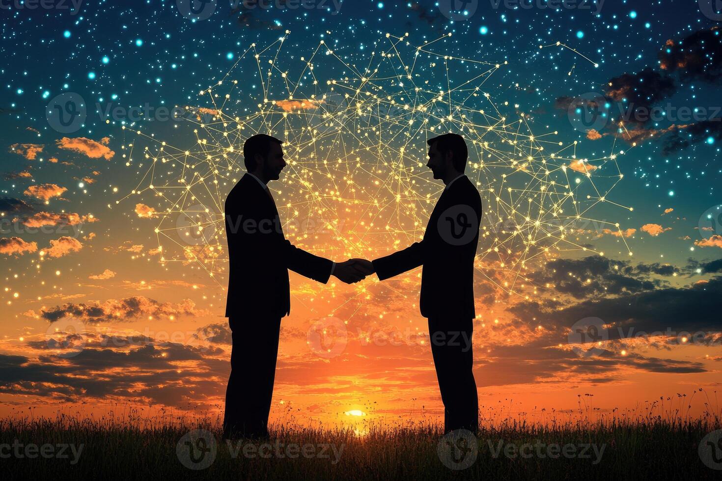 Businessmen shaking hands at sunset, connected by digital network photo