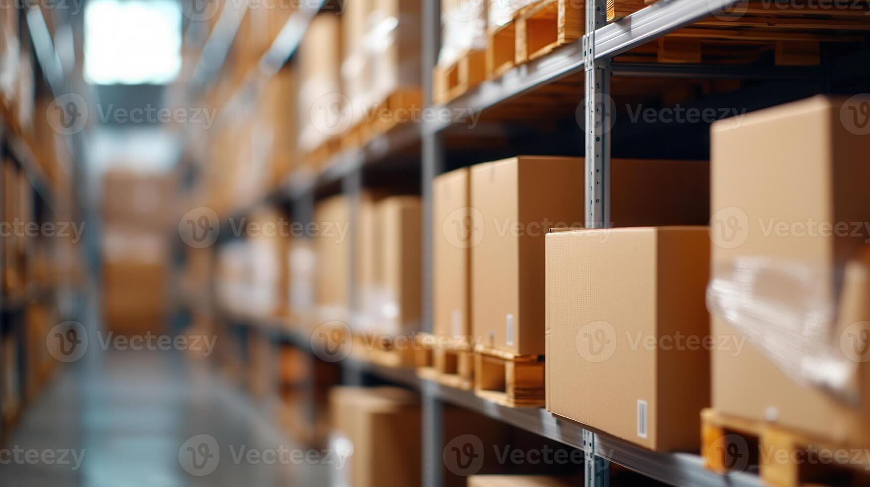 Cardboard systematically boxes stacked and on warehouse shelves, indicating efficient logistics shipping inventory management photo