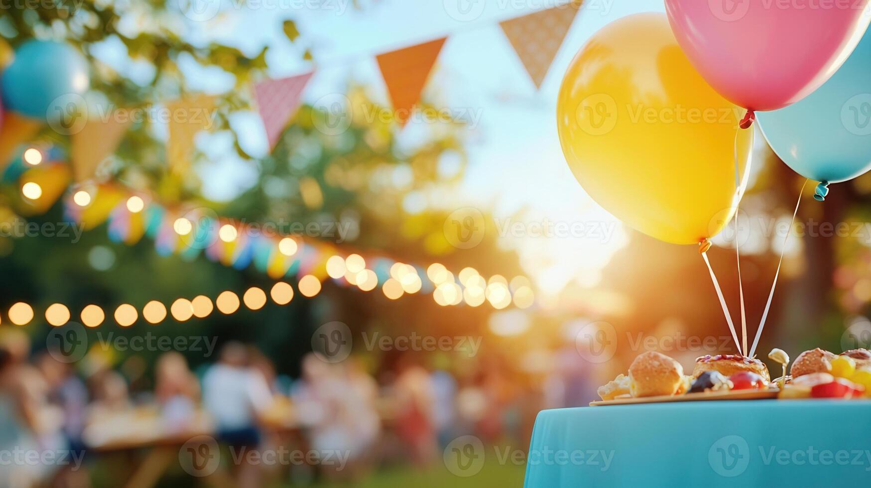 Festive summer gathering with colorful decorations, twinkling lights, refreshments, blurred glow background illuminated by golden sunset party photo