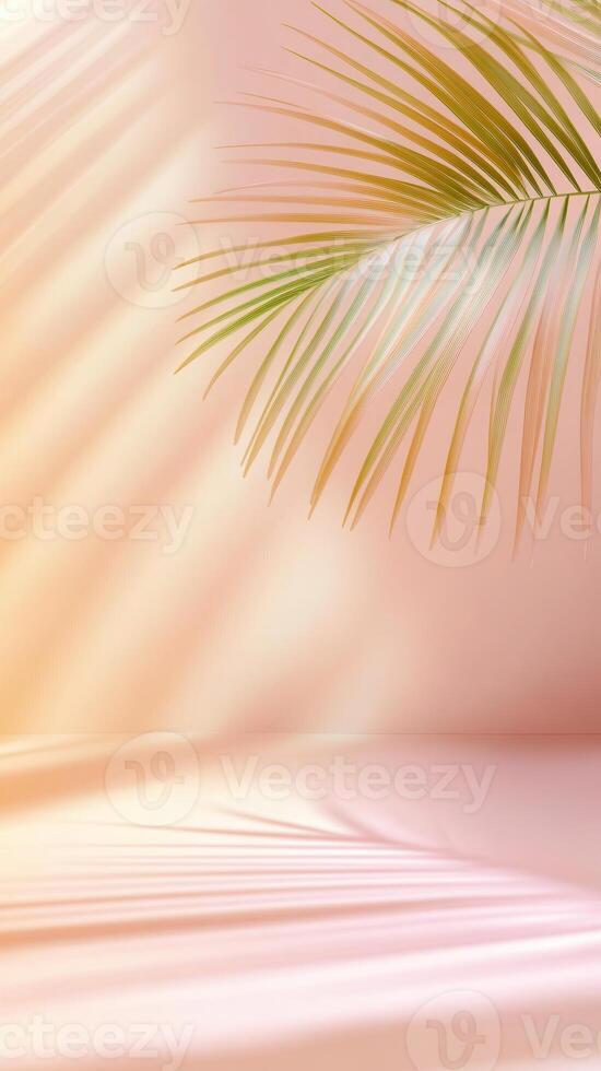 close-up of a dried palm leaf against a light background. The leaf has a golden hue a casts and soft shadow on the surface photo