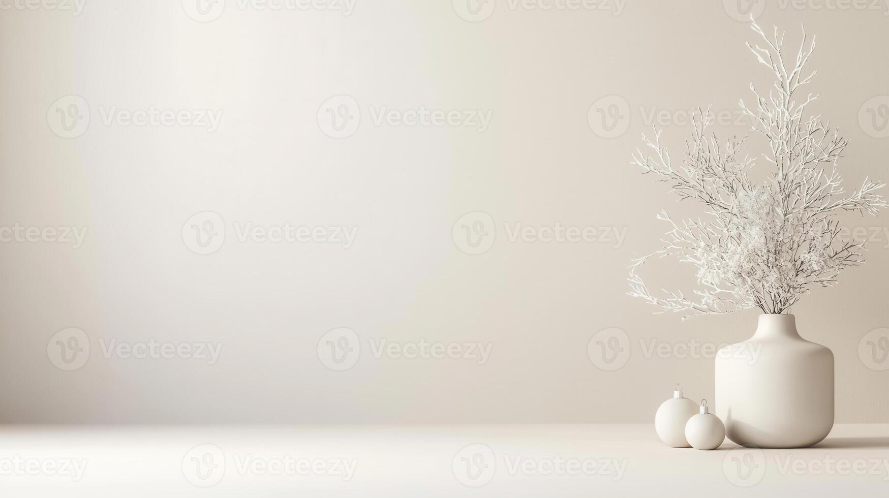 Elegant minimalist christmas decor featuring a small ornaments in a white vase with gold and silver tree on a light wooden floor photo
