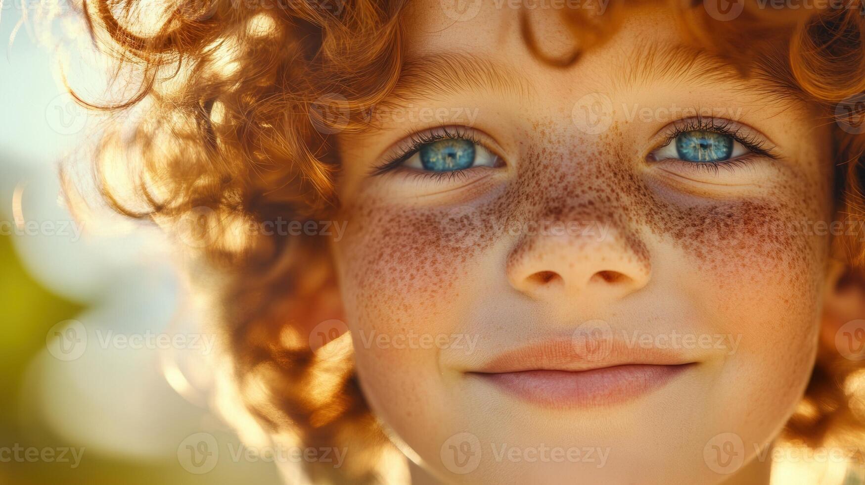 A His Caucasian boy with curly blond hair and blue eyes stands in a sunlit field. young face is adorned with freckles, creating a charming and innocent appearance. photo