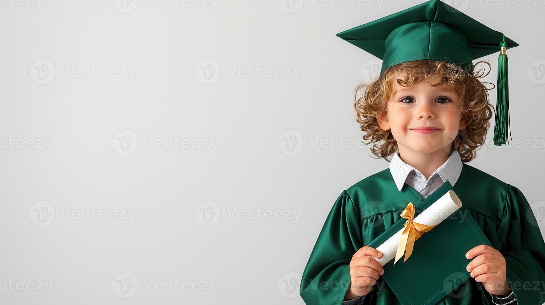 Young boy a curly hair wearing holds green graduation cap and gown. He with a diploma in his hand and smiles at the camera. The background is plain and neutral. photo