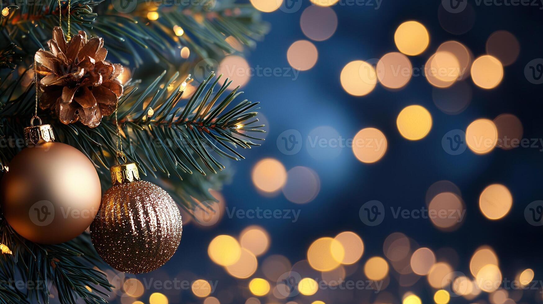 Golden, blue baubles and pine illuminated decorating evergreen christmas branch, cone by twinkling lights with soft bokeh blurring festive holiday background photo