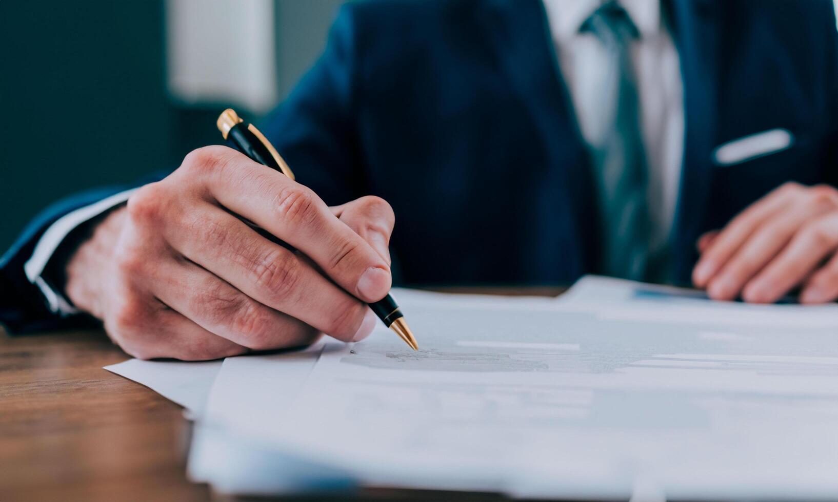 Executive businessman in suit and thank you signing document on clean and organized table ideal photo
