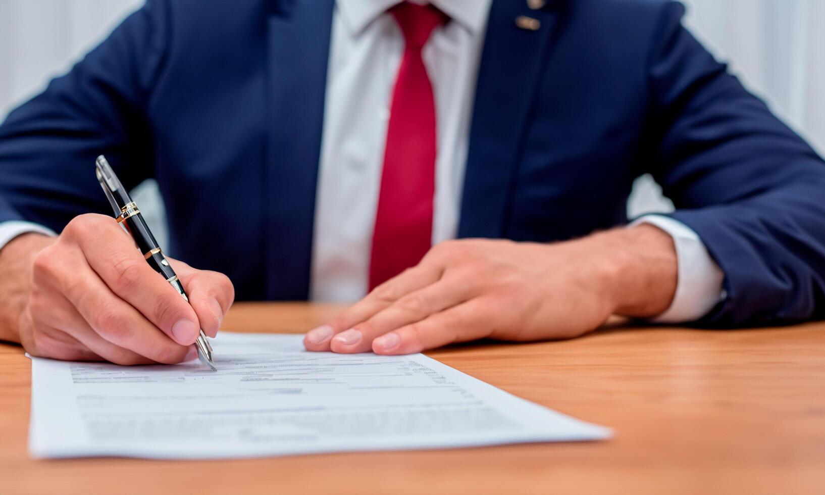 Executive businessman in suit and thank you signing document on clean and organized table photo