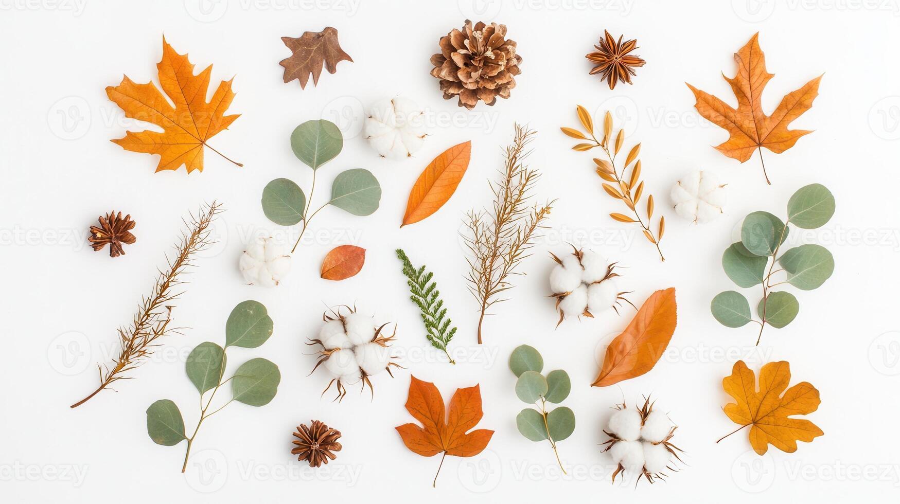 Eucalyptus and perfect flowers creating a beautiful autumnal pattern on a white background, cotton for nature inspired designs photo
