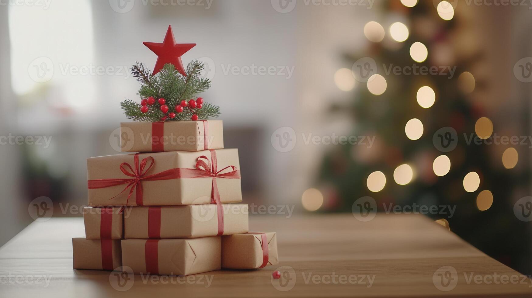 Christmas gift boxes red forming festive tree silhouette, adorned with berries, ribbons, stacked pine greenery, red star topper against soft focus holiday background photo