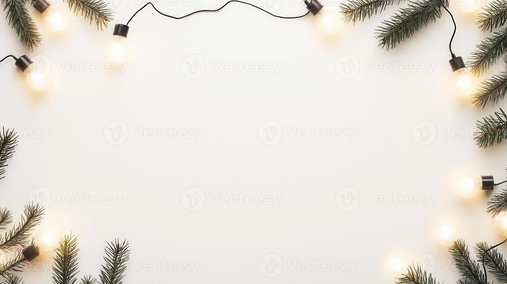 Glowing christmas lights weaving through evergreen branches casting festive white against snow radiance background photo