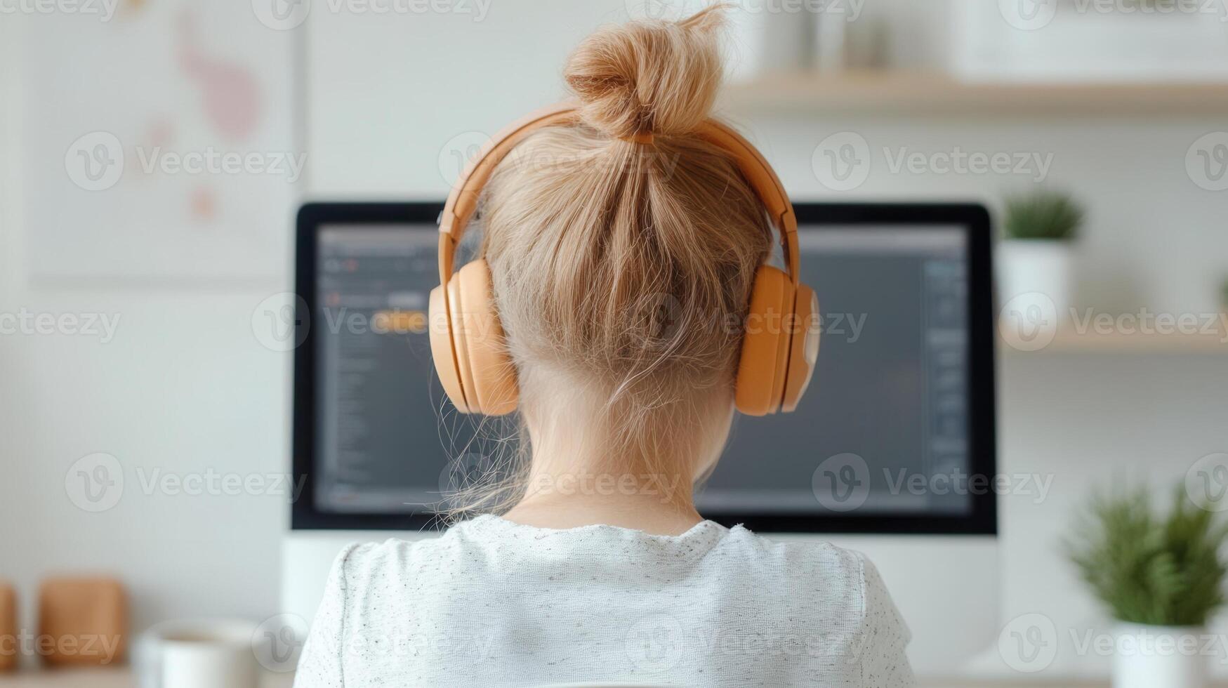 Young girl with headphones online at a computer, focusing on her in coursework studying a modern home environment photo