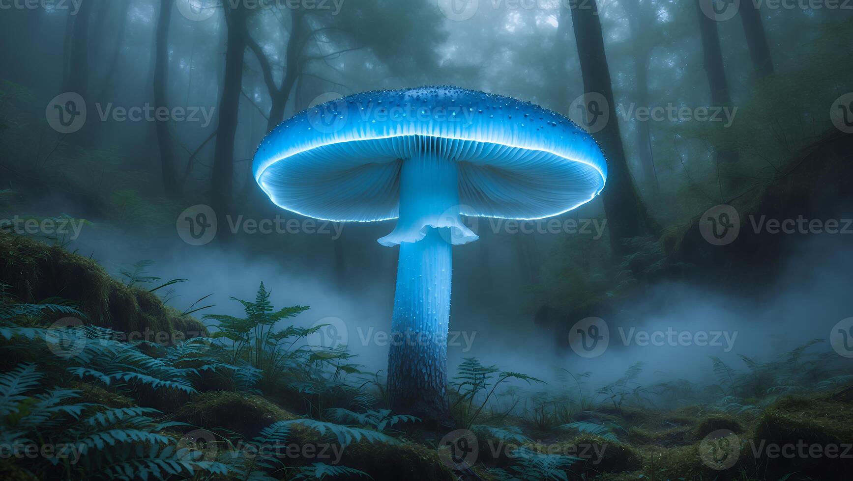 Glowing Mushroom in Misty Forest at Night Nature Photography photo
