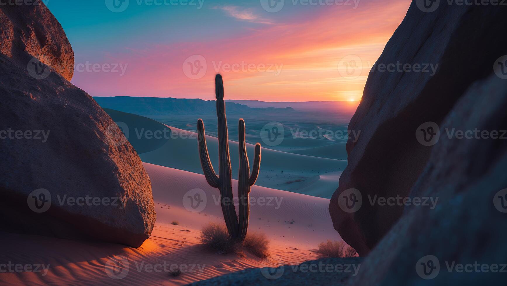 Cactus in Desert at Sunset with Rocks and Colorful Sky photo