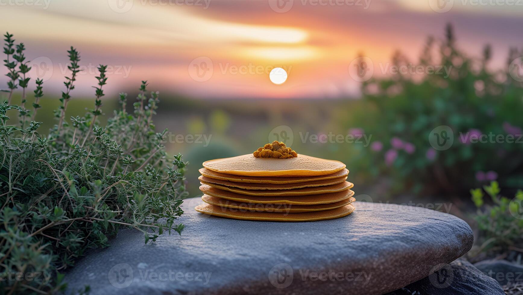 Stack of Pancakes with Topping on Stone at Sunrise photo