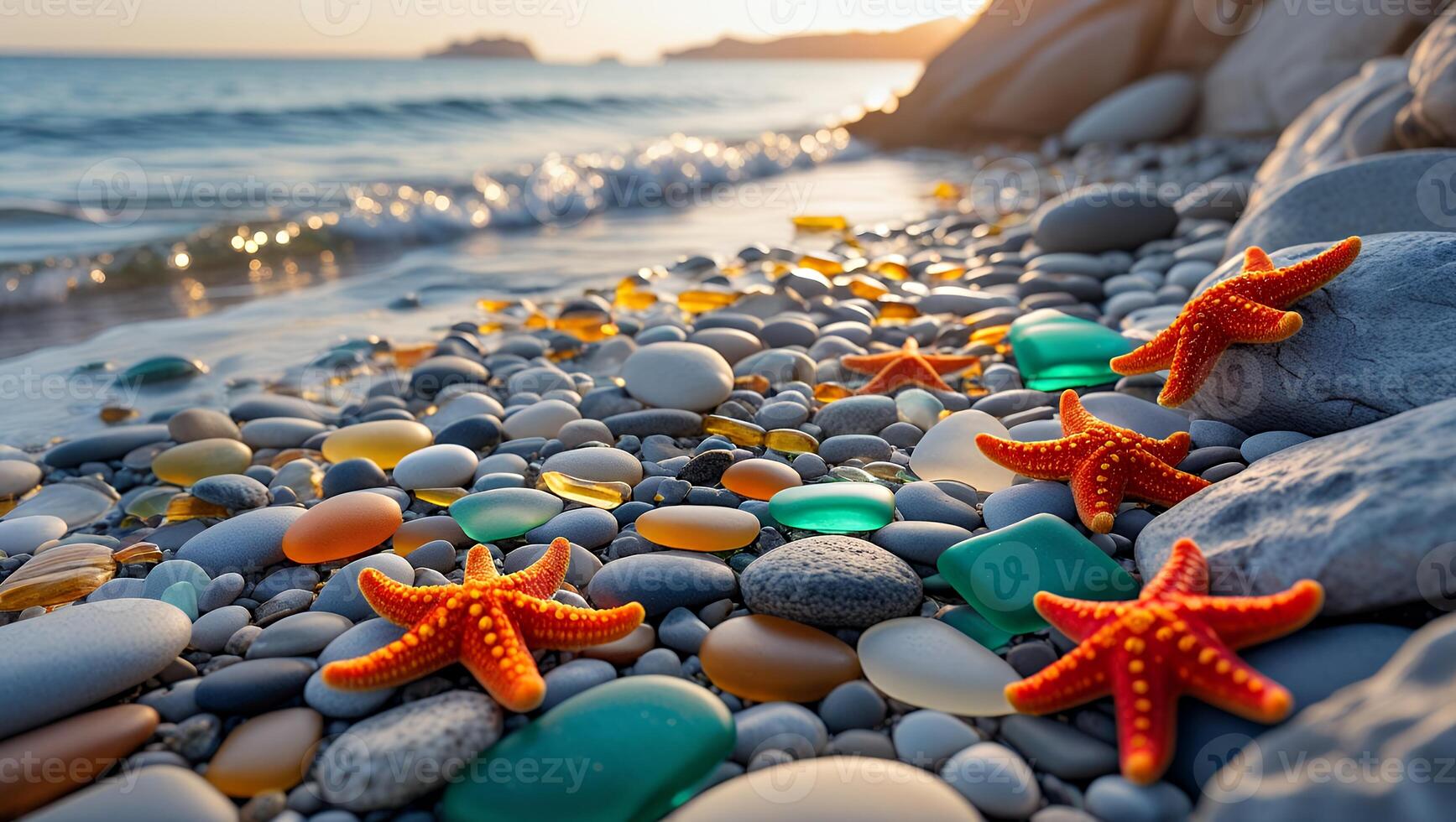 Starfish and Sea Glass Scattered on Pebble Beach by Ocean photo