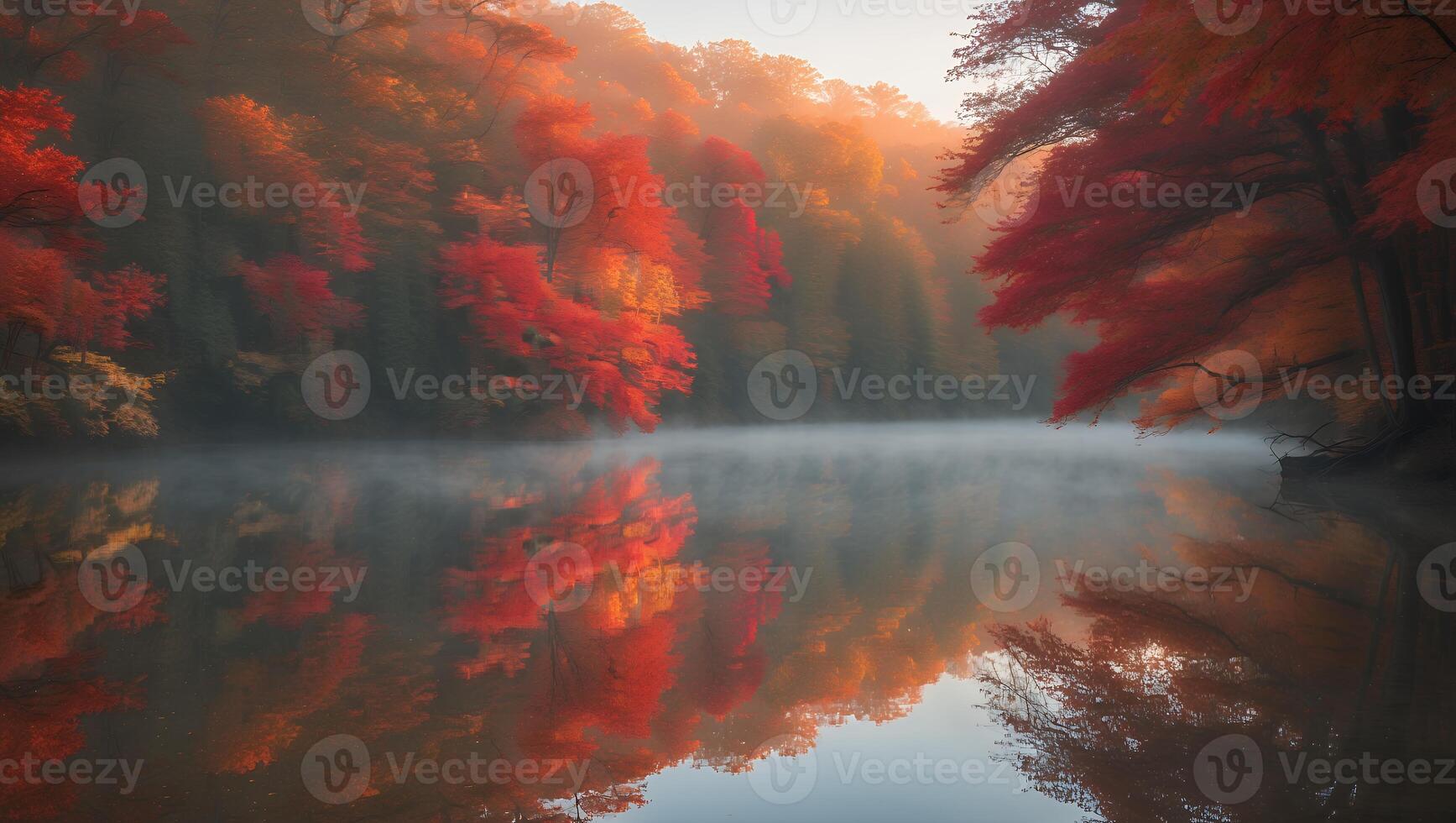 Reflecting Autumn Forest on Misty Lake Surface in Soft Light photo