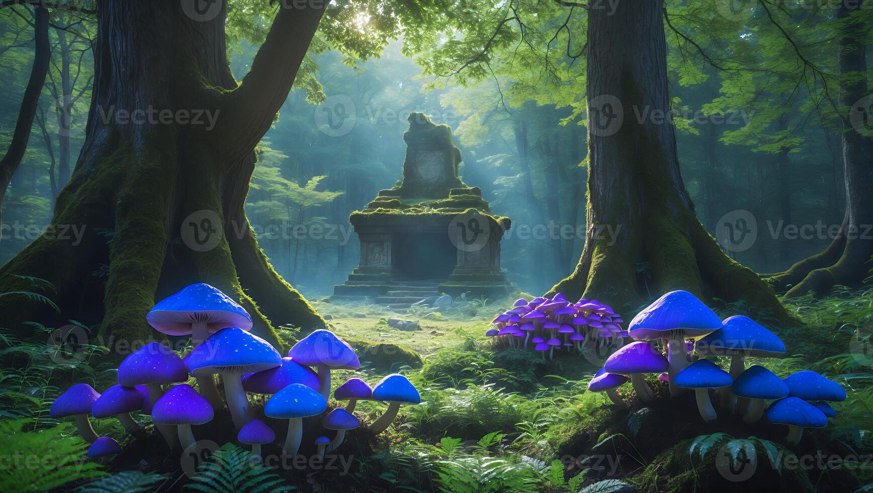 Fantasy Forest Scene with Glowing Mushrooms and Ancient Structure photo