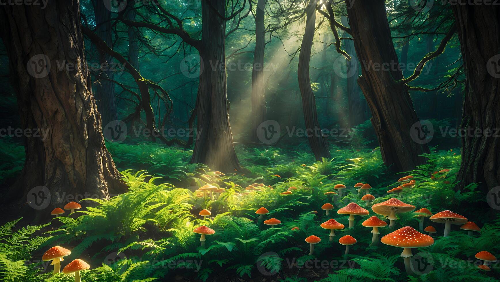 Mushrooms Growing Amidst Ferns in a Mystical Forest with Sunbeams photo