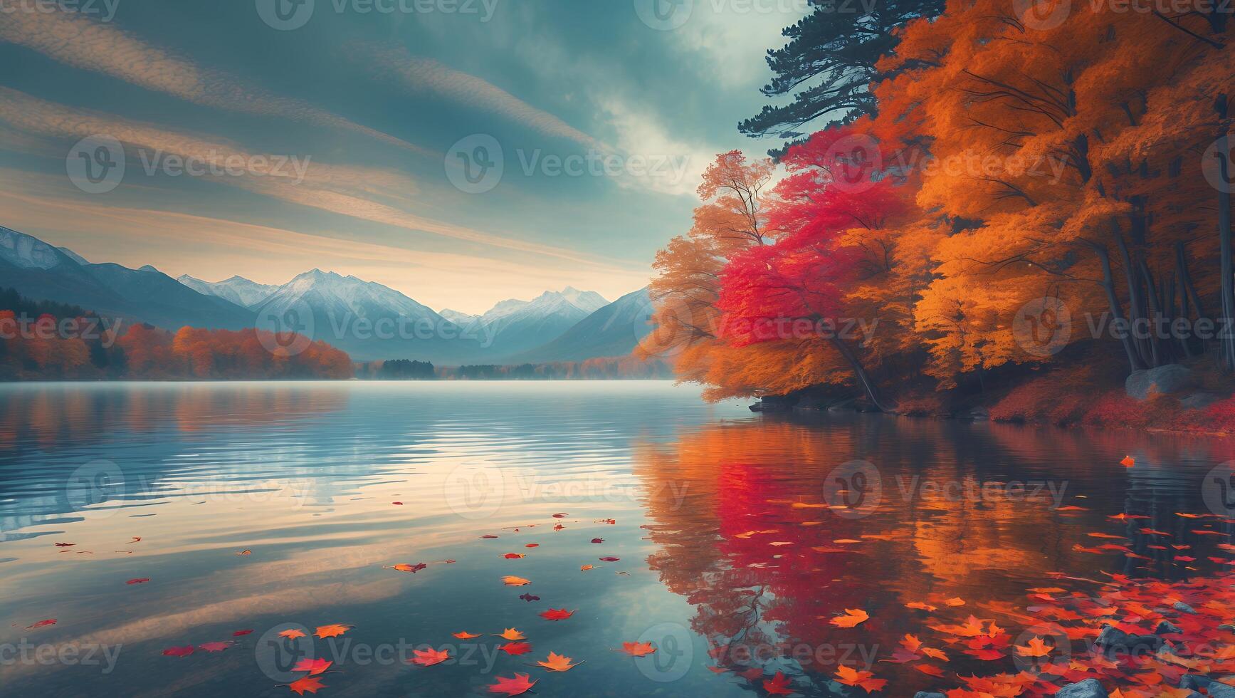 Autumn Lake Reflection with Colorful Leaves and Mountains at Dusk photo