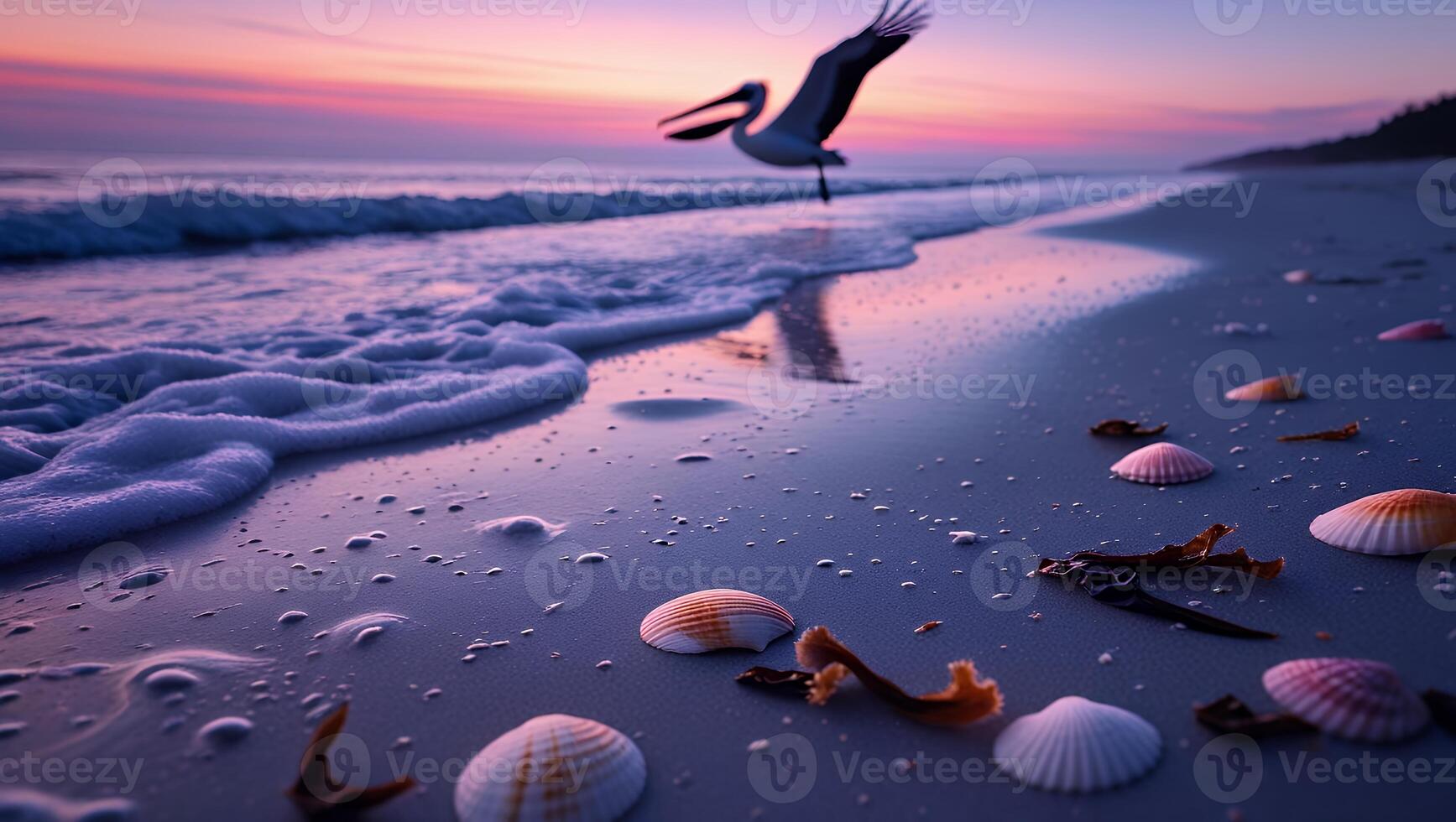 Pelican Flying Over Beach at Sunset with Seashells and Gentle Waves photo