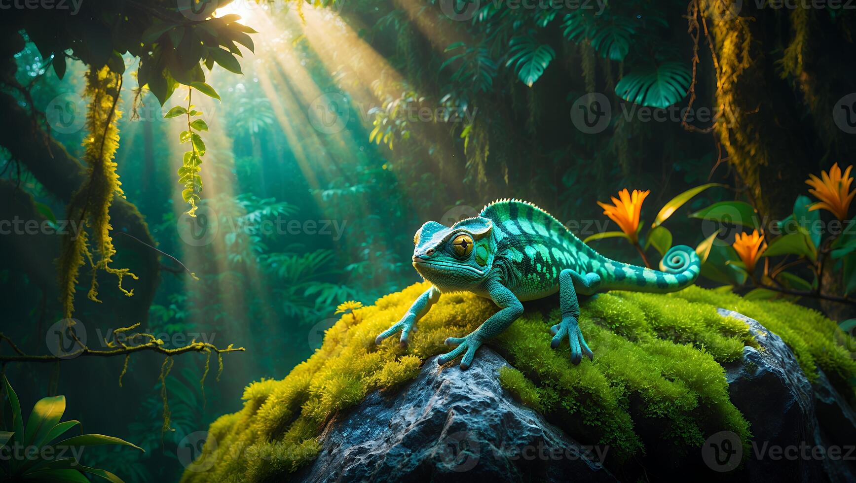 Chameleon Resting on Mossy Rock in Tropical Forest Sunlight photo