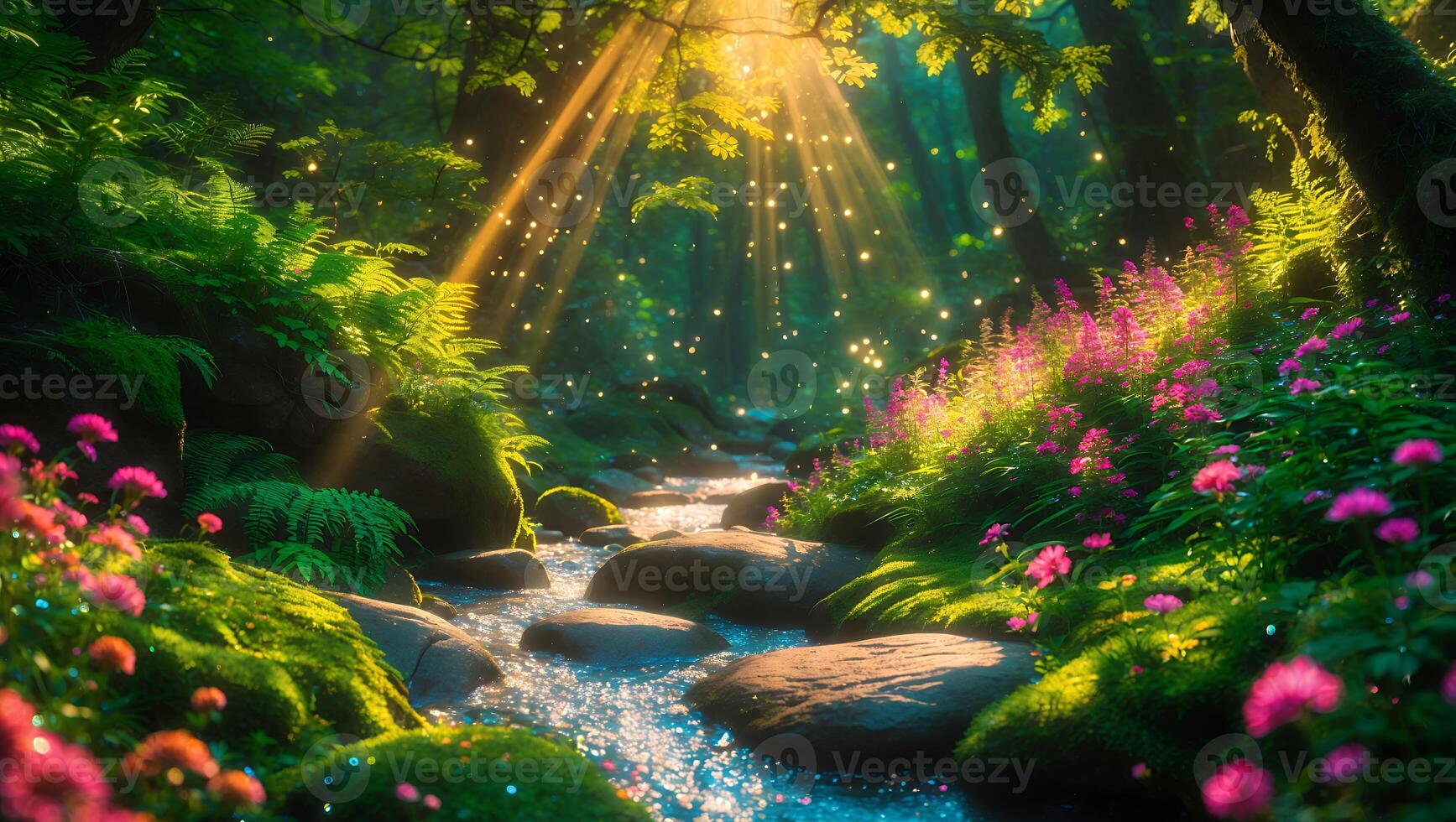 Stream Flowing Through Forest with Flowers and Sun Rays photo