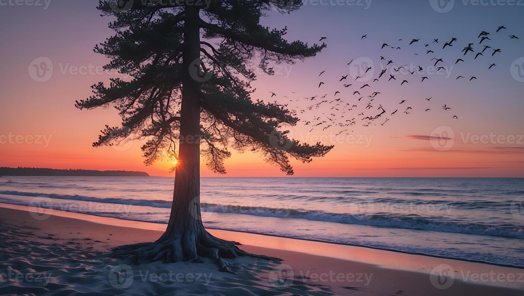 Lone Tree Standing Silently on Beach with Migrating Birds at Sunset photo