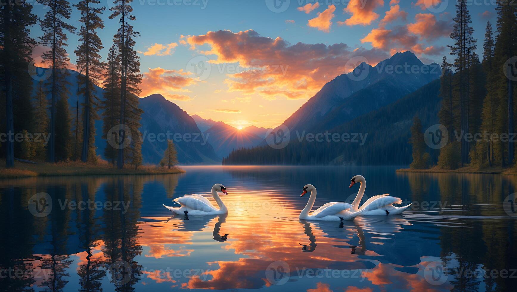 Swans Swimming on Lake Reflecting Sunset Sky and Mountain Landscape photo