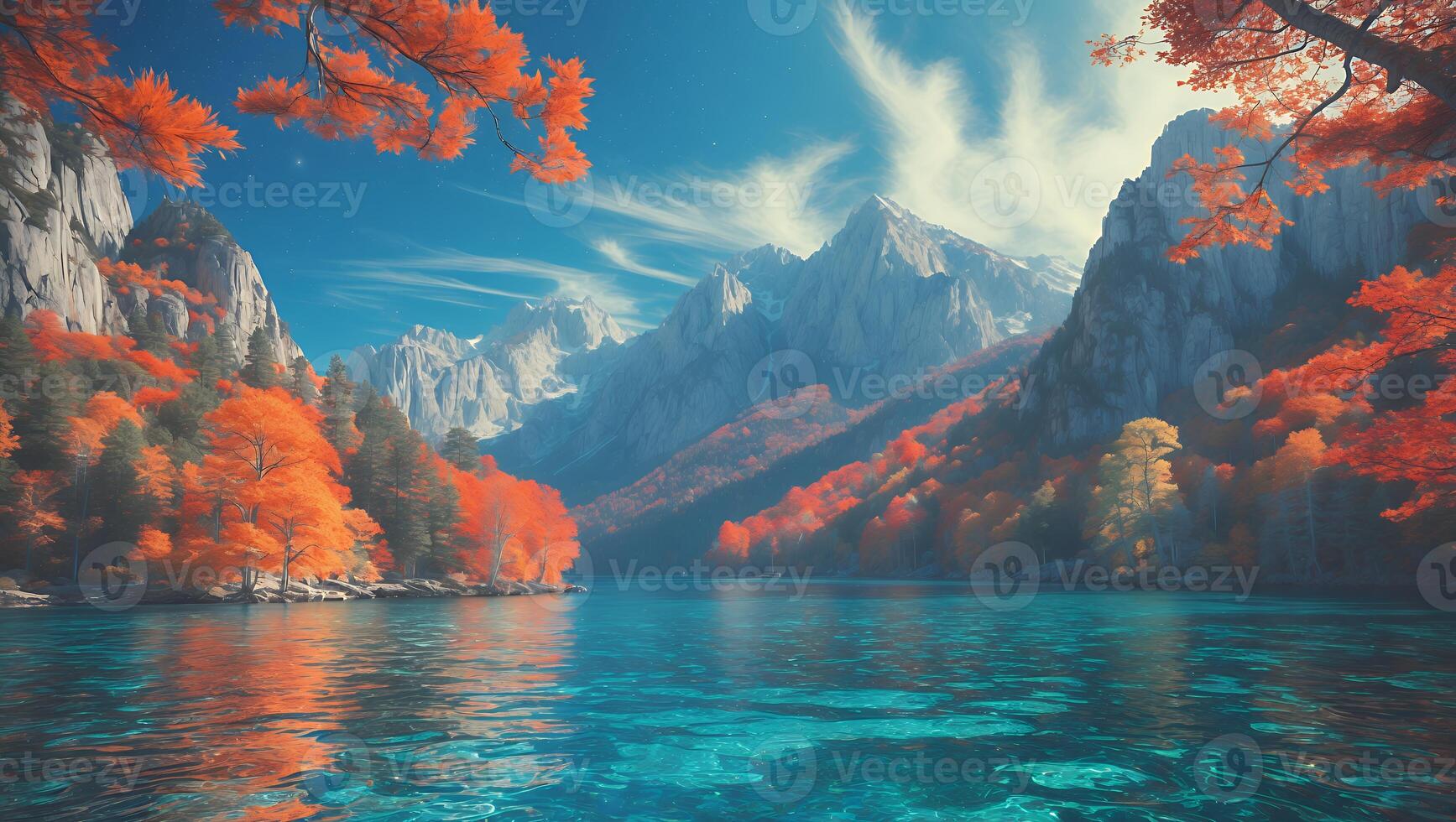 Scenic Mountain Landscape with Turquoise Lake and Autumn Colored Trees photo