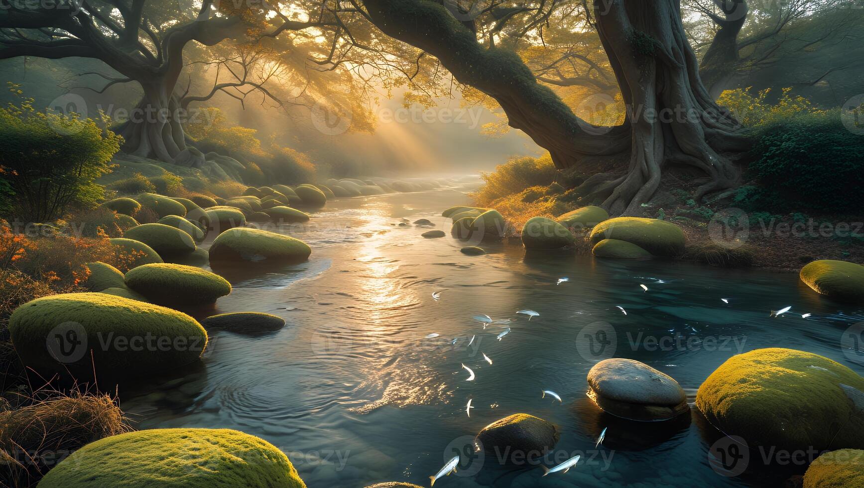 River Flowing Through a Forest with Mossy Rocks and Sunbeams photo