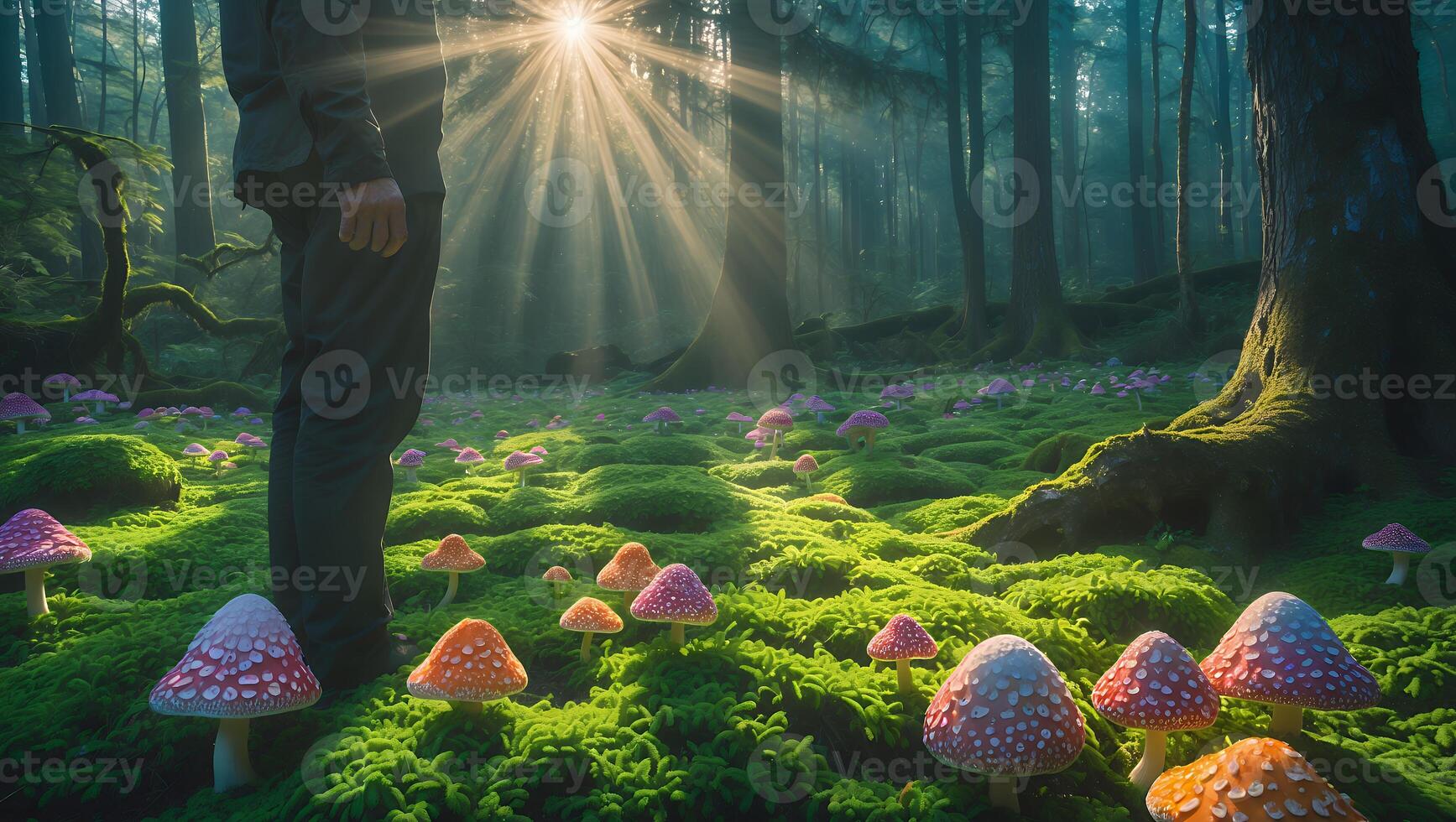 Person Standing in Forest with Mushrooms and Sun Rays Shining Through photo