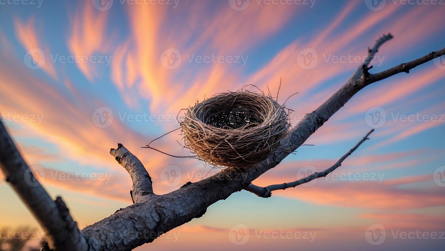 Bird Nest on Branch at Sunset with Dramatic Colorful Sky photo
