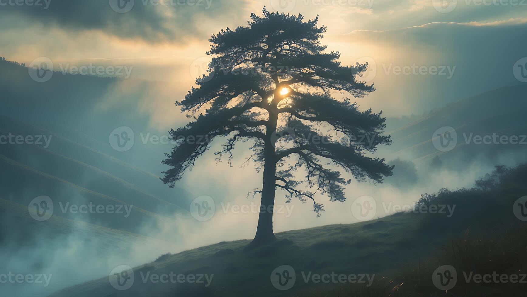 Majestic Tree Stands on Hillside As Sunlight Breaks Through Fog photo