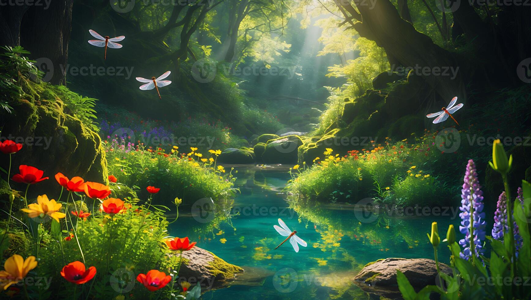 Dragonfly Flight Over Serene Stream with Forest Flowers and Sunbeams photo