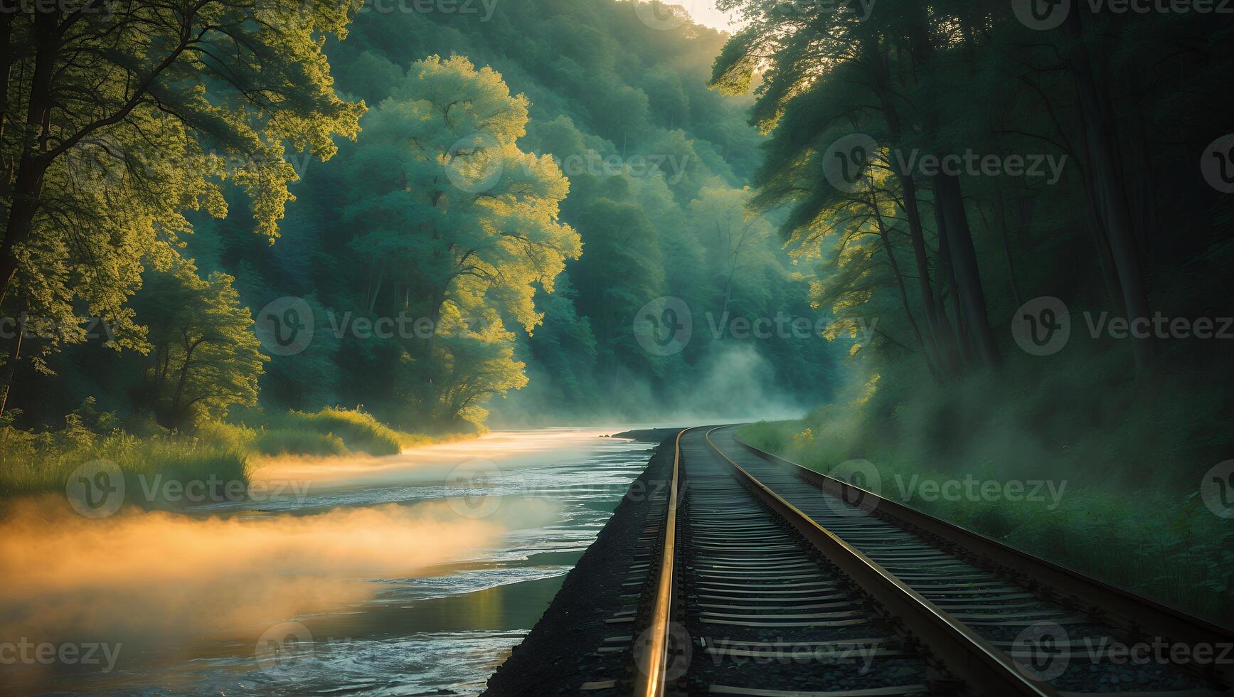 Tranquil Railroad Tracks Through Forest with Morning Fog Near Water photo