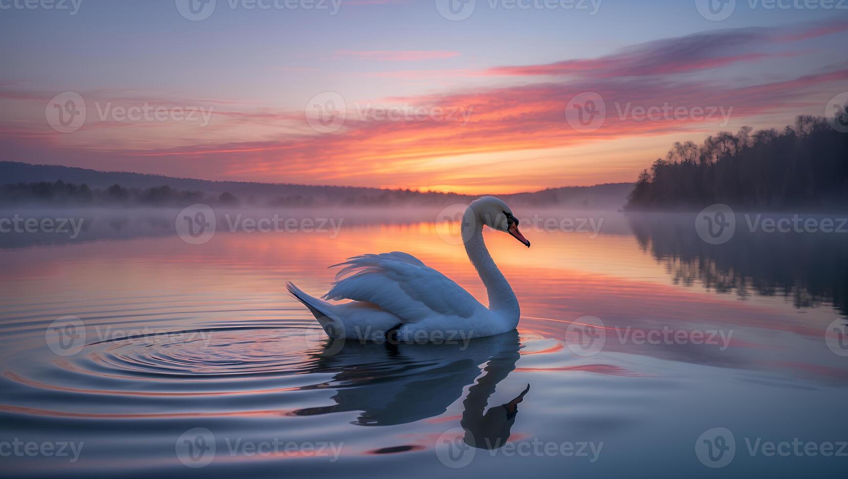Swan Swimming on Calm Lake at Sunset with Colorful Sky photo
