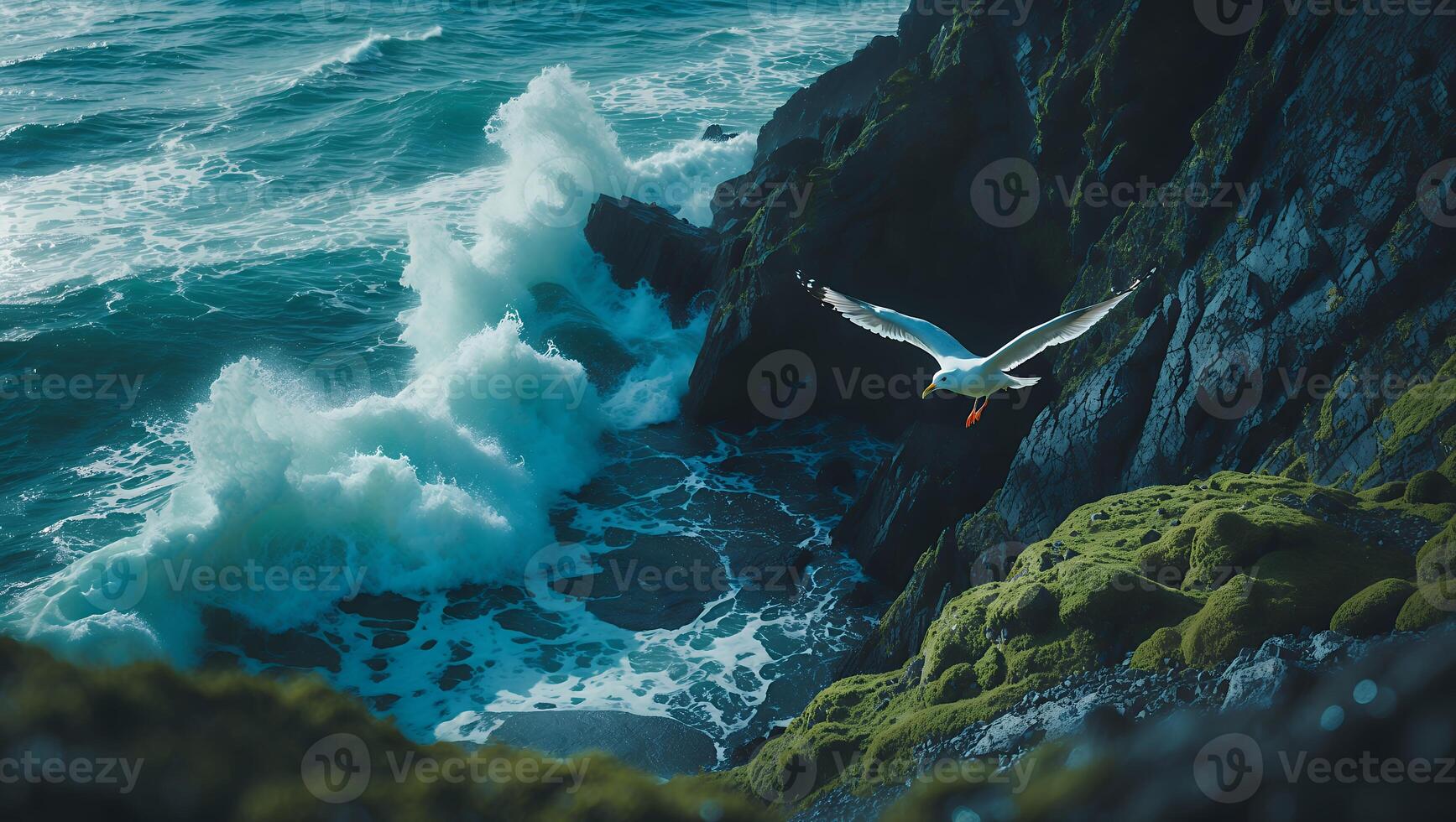 Seagull Flying Above Rocky Coastline with Crashing Ocean Waves Scene photo