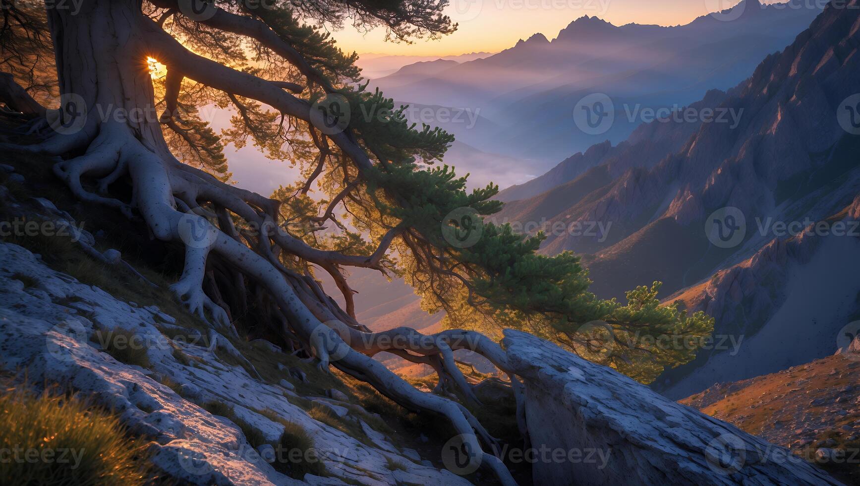Lone Tree Root System and Mountain Ridge at Sunset Scenery photo