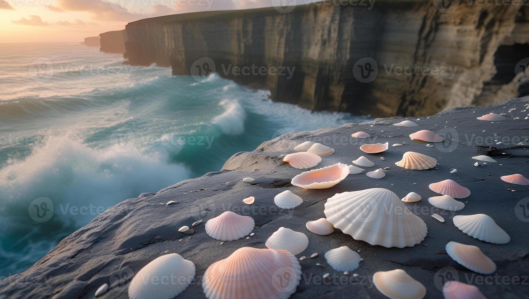 Seashells on Rocky Shoreline Overlooking Ocean Waves at Sunset photo