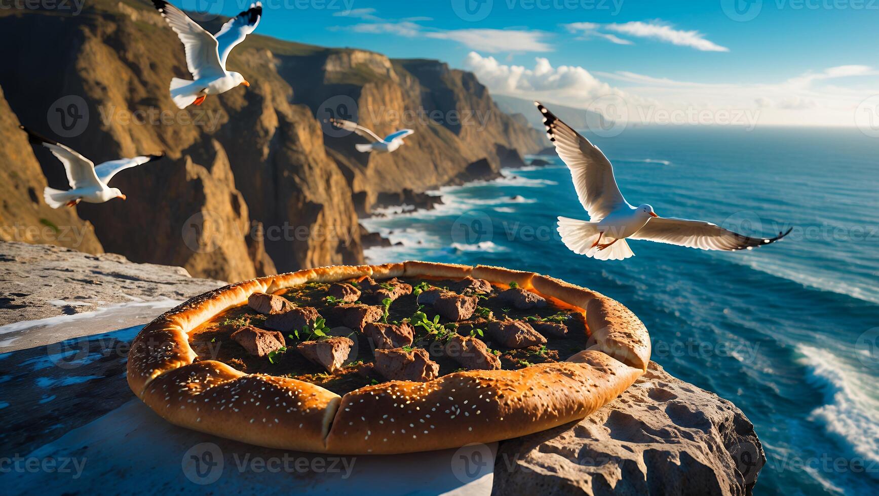 Pizza on Coastal Cliff with Seagulls Flying Over Ocean Scenery photo