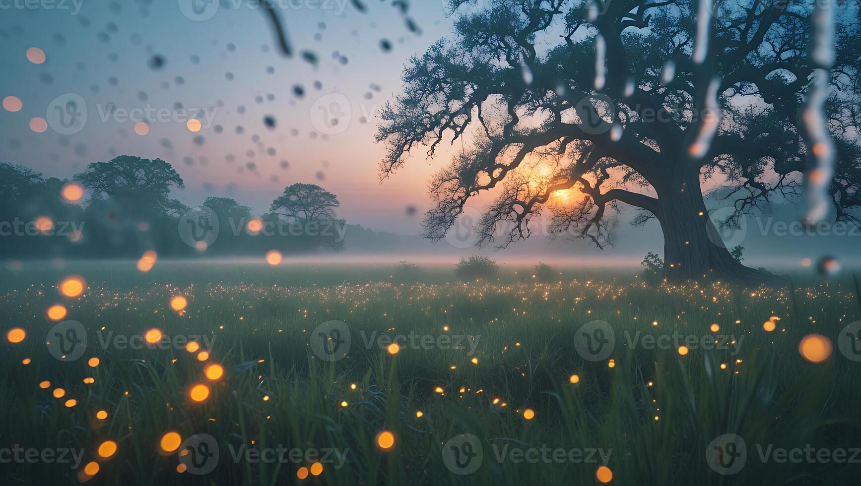 Enchanting Meadow with Fireflies and a Large Tree at Dusk photo