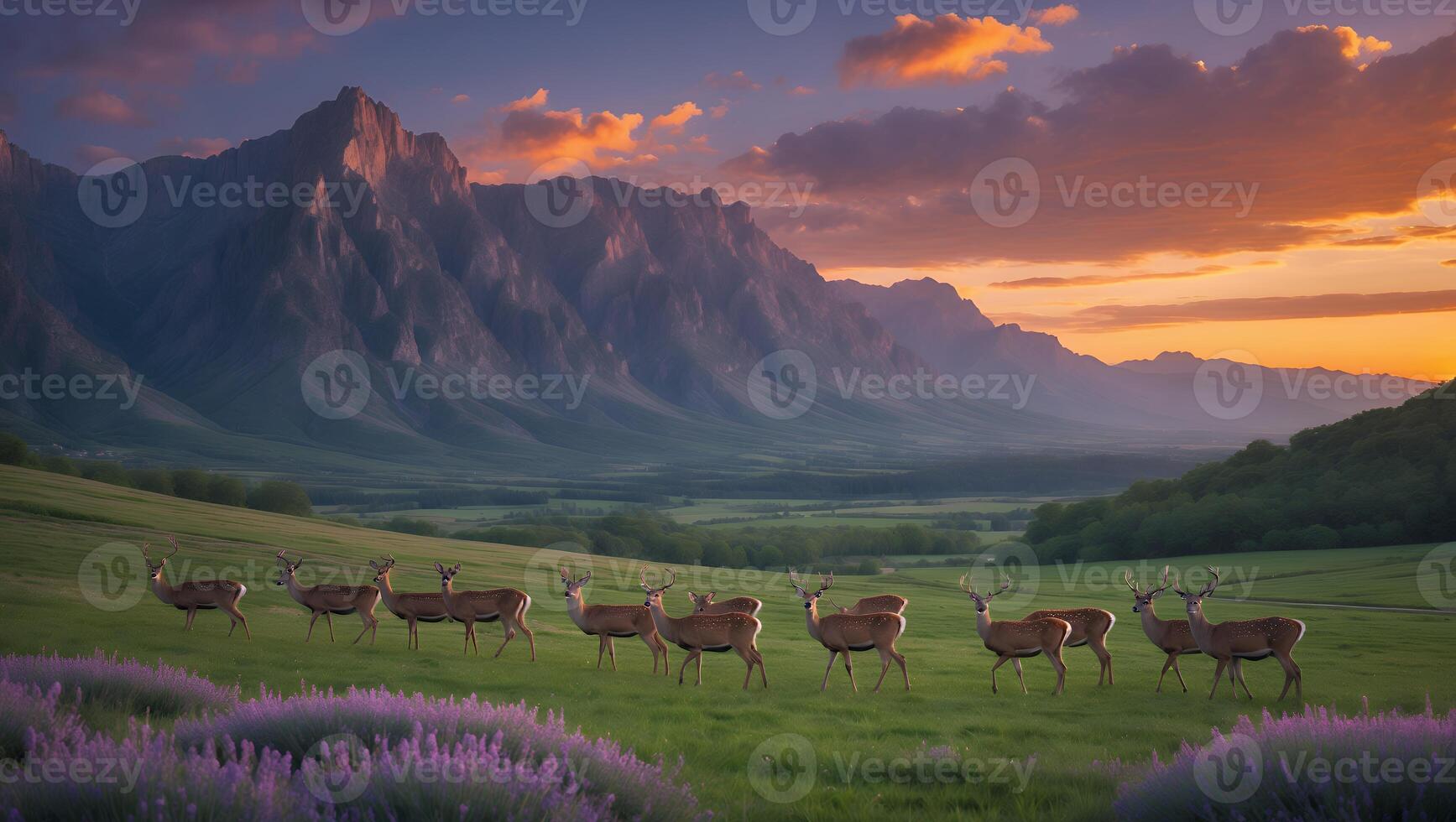Deer Herd Grazing in Meadow Beneath Dramatic Mountain and Sunset photo