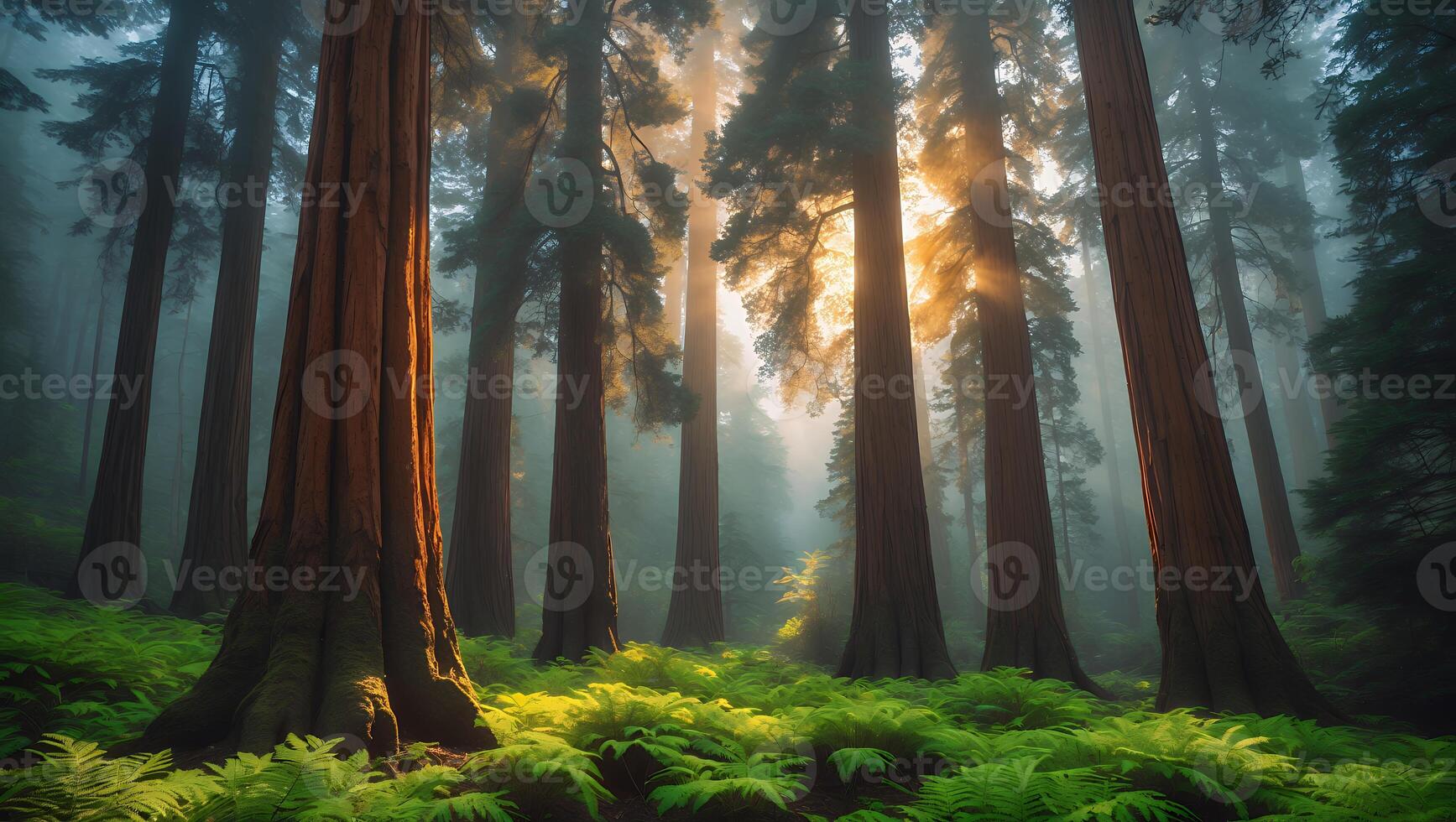 Sunbeams Through Foggy Forest with Lush Green Ferns photo
