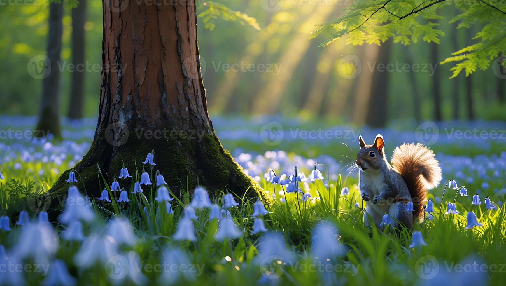 Squirrel Standing in Field of Bluebells with Sunlight Streaming Through Trees photo