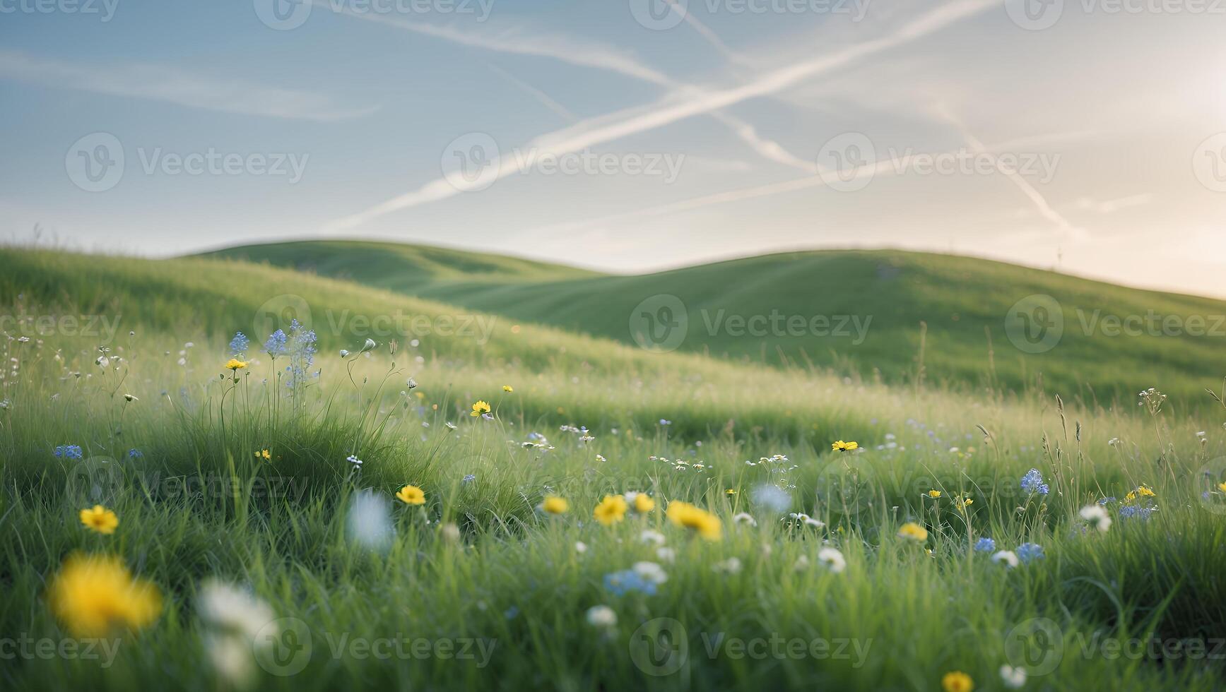 Green Rolling Hills with Wildflowers at Sunset Landscape Photography photo