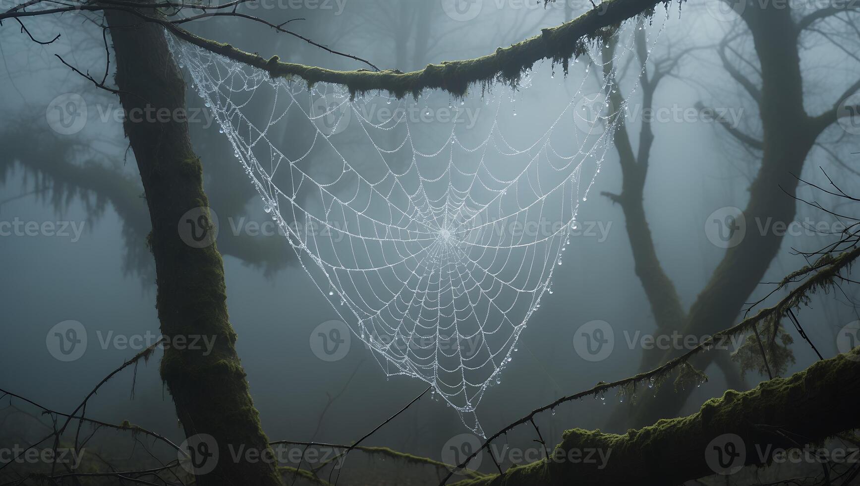 Dew-covered Spiderweb in Misty Forest at Dawn photo