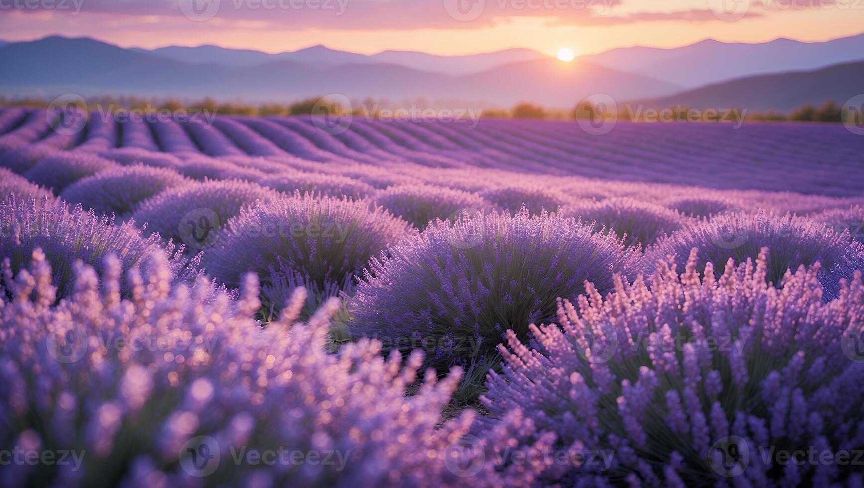 Lavender Field at Sunset with Rolling Hills and Mountain View photo